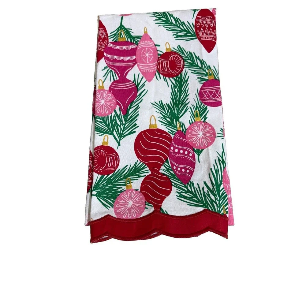 Mary Square Trim Tree Tea Towel Ornaments Pink & Red Shiny Bright 26”x18”
